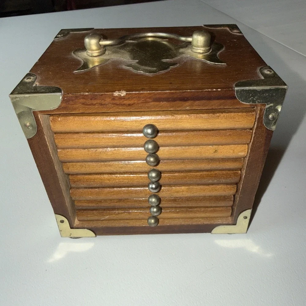 Vintage Wood‎ Cork Coaster Set 8 Mid Century Metal Trim Accents Handle